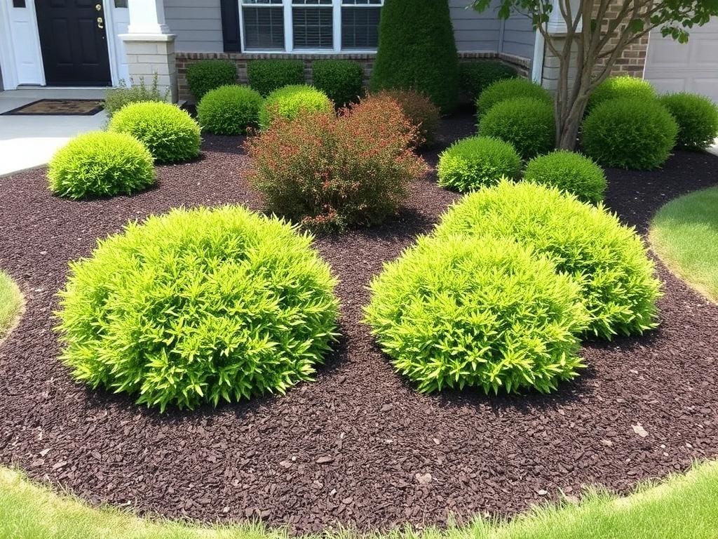 Fresh mulch around shrubs in a front yard